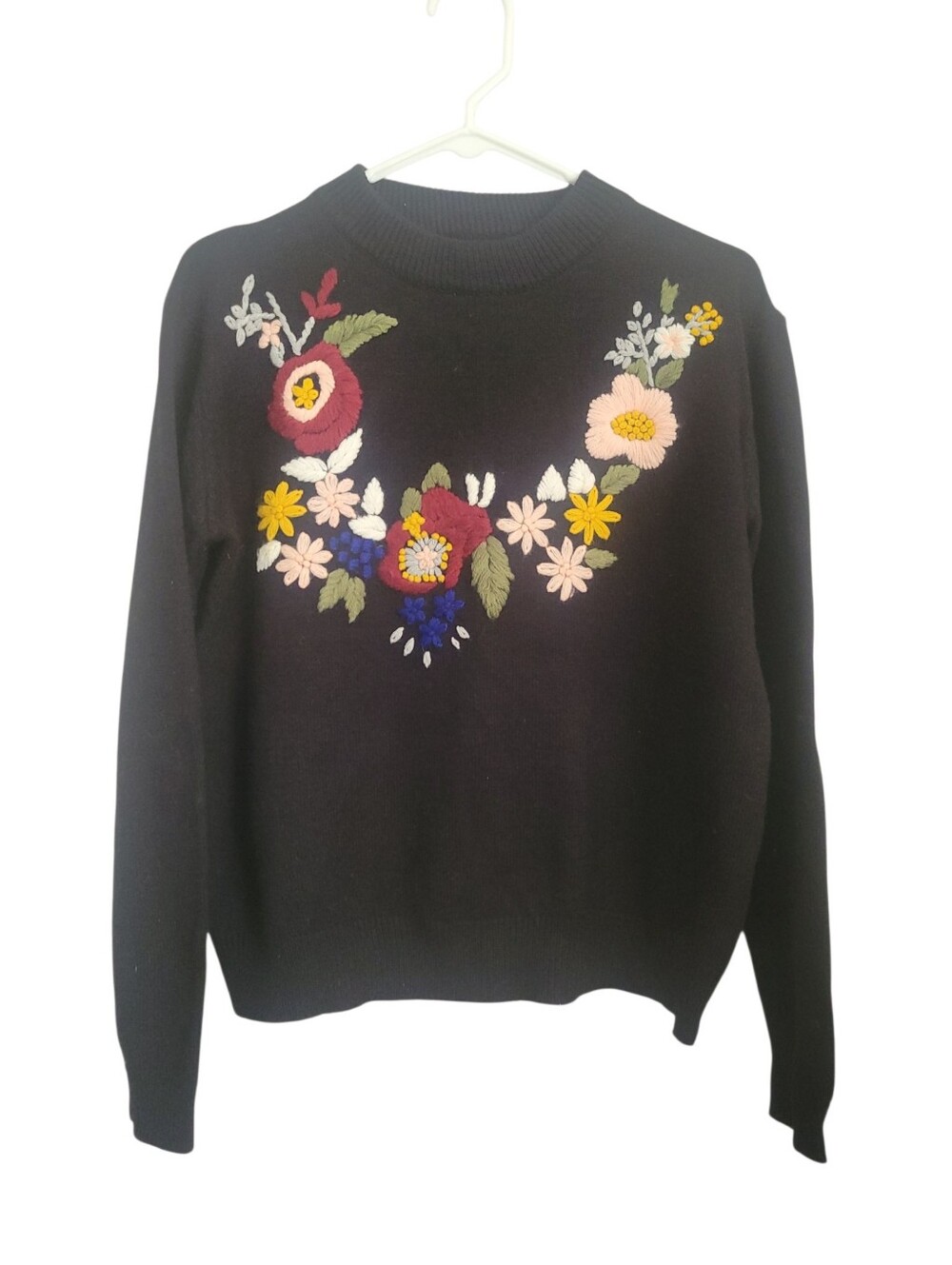 Anthropologie Monarc Floral Embroidered Black Sweater Cottagecore Boho M Medium - Picture 3 of 10